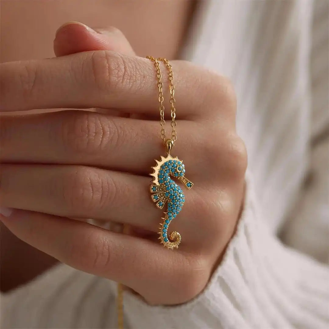 Gold Seahorse Turquoise Pendant Necklace
