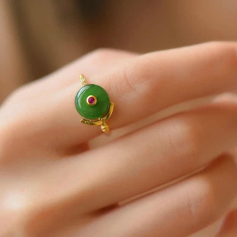 Domed Jade Cabochon Ring with Pink Accent Stone and Gold-Tone Band — view 4