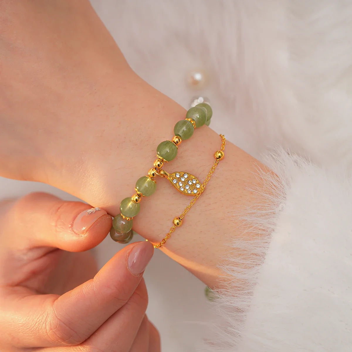 Leaf Charm Jade Beaded Bracelet with Rhinestone Accent — view 2