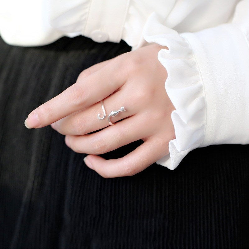 Cat Silhouette Ring in Silver Tone with Adjustable Open Band — view 2
