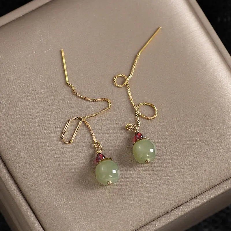 Jade Drop Threader Earrings with Red Accent Stones in Gold-Tone Metal — main image