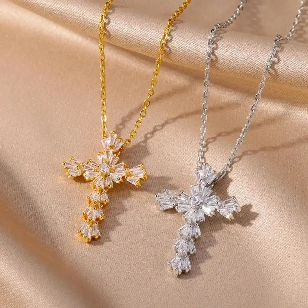 Cross Cubic Zirconia Pendant Necklace with Baguette Stones, Gold or Silver Tone