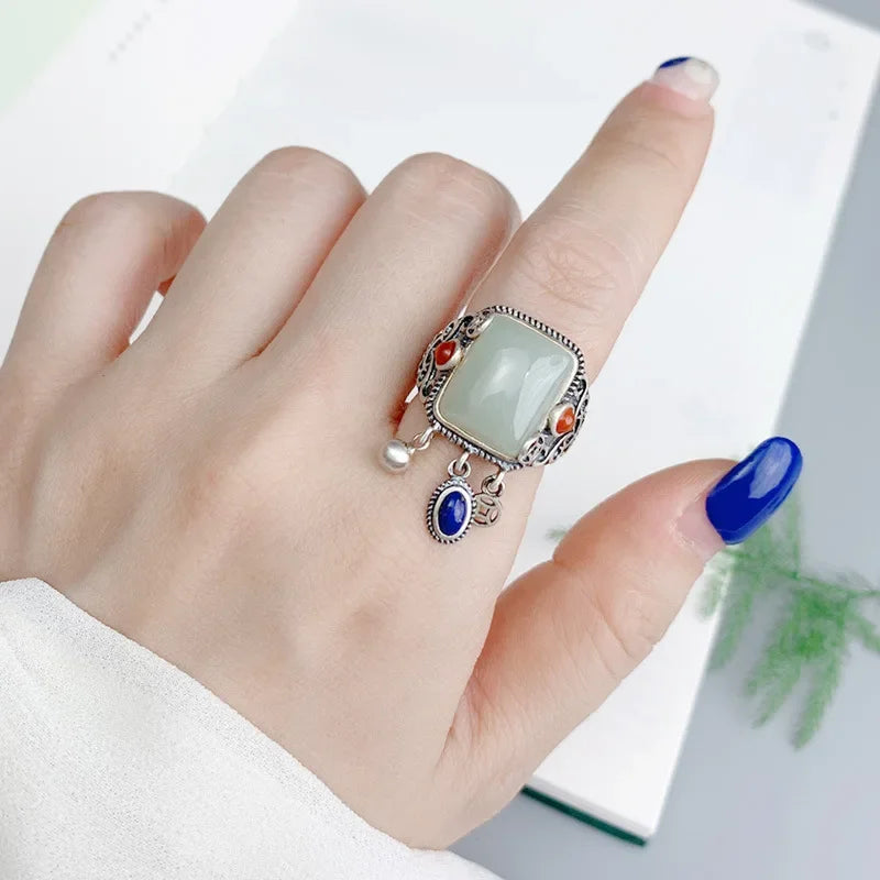 Square Jade Statement Ring with Charm Drops and Scrollwork — view 3
