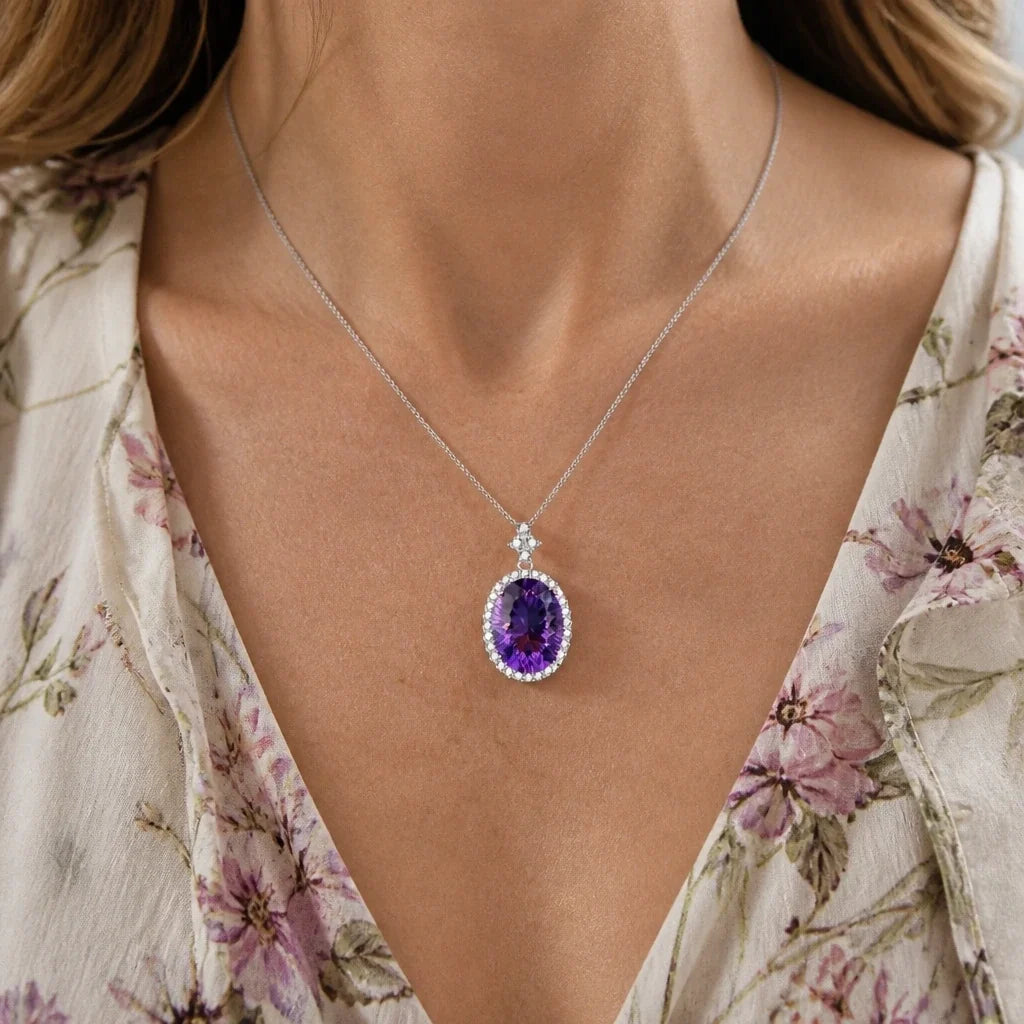Oval Amethyst Halo Pendant Necklace with Silver-Tone Chain