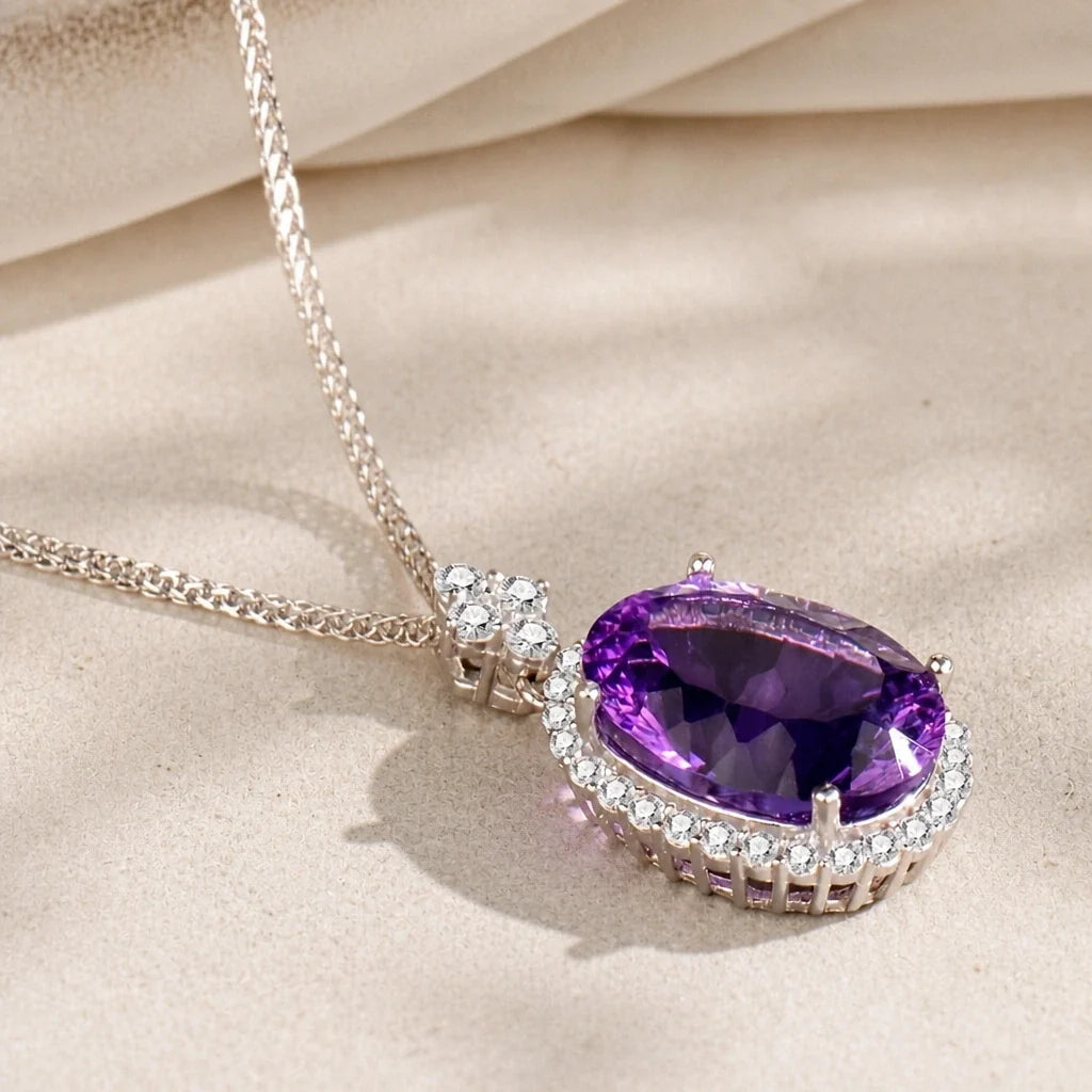 Oval Amethyst Halo Pendant Necklace with Silver-Tone Chain