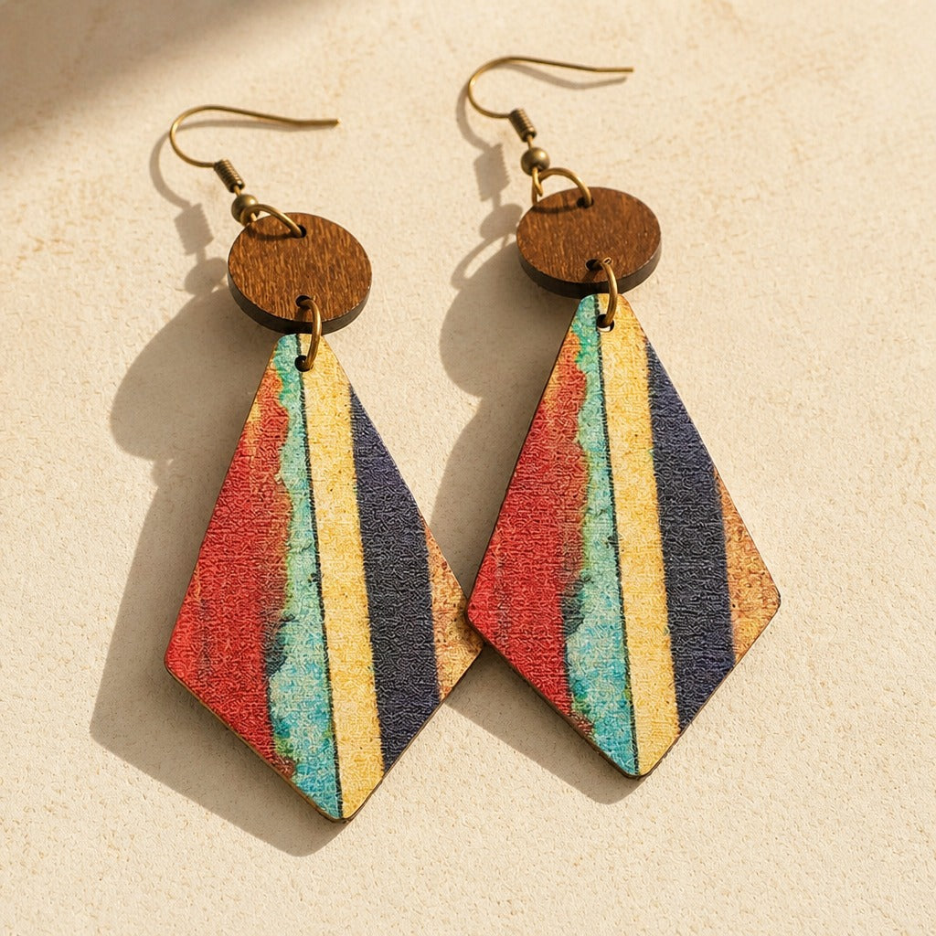 Diamond-Shaped Striped Wood Drop Earrings with Golden Accents — main image