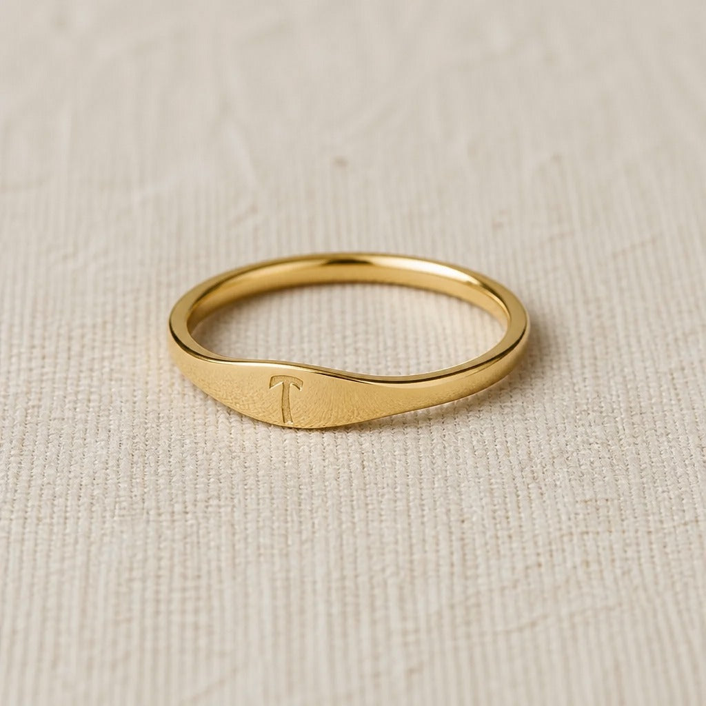 Personalized Initial Letter Signet Ring, Oval Band in Gold Tone — view 20