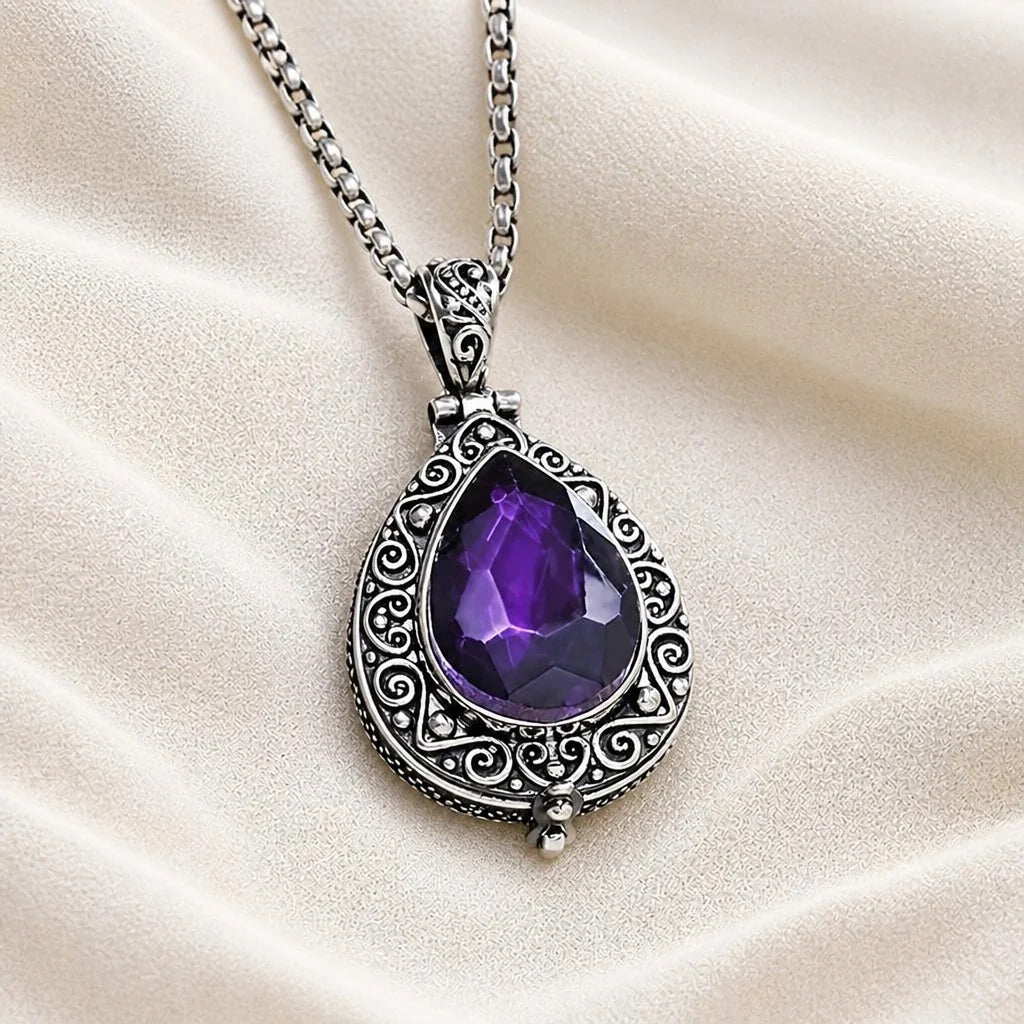 Teardrop Amethyst Pendant Necklace with Silver-Toned Filigree Setting