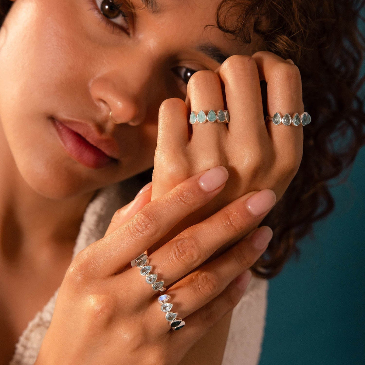 Moonstone Ombre Ring with Graduated Topaz and Aquamarine Teardrops