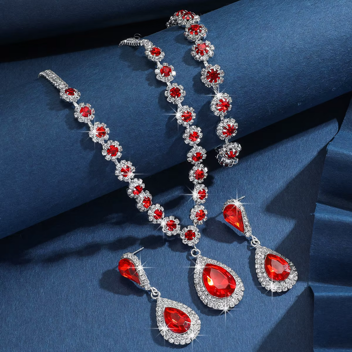 Floral Halo Red Stone Three-Piece Jewelry Set with Teardrop Pendant — main image