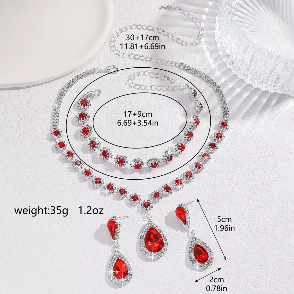 Floral Halo Red Stone Three-Piece Jewelry Set with Teardrop Pendant — view 2