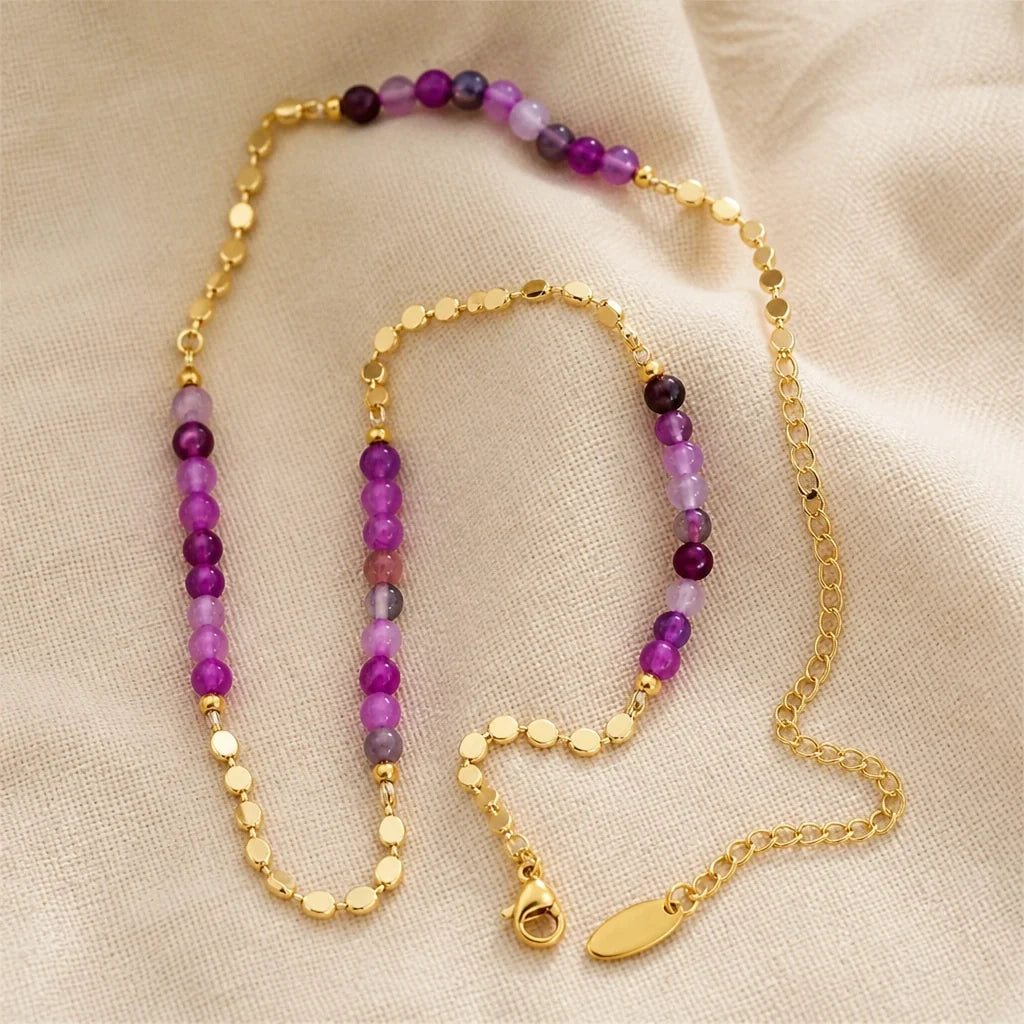Amethyst Bead Necklace with Gold-Tone Metal Accents and Adjustable Chain