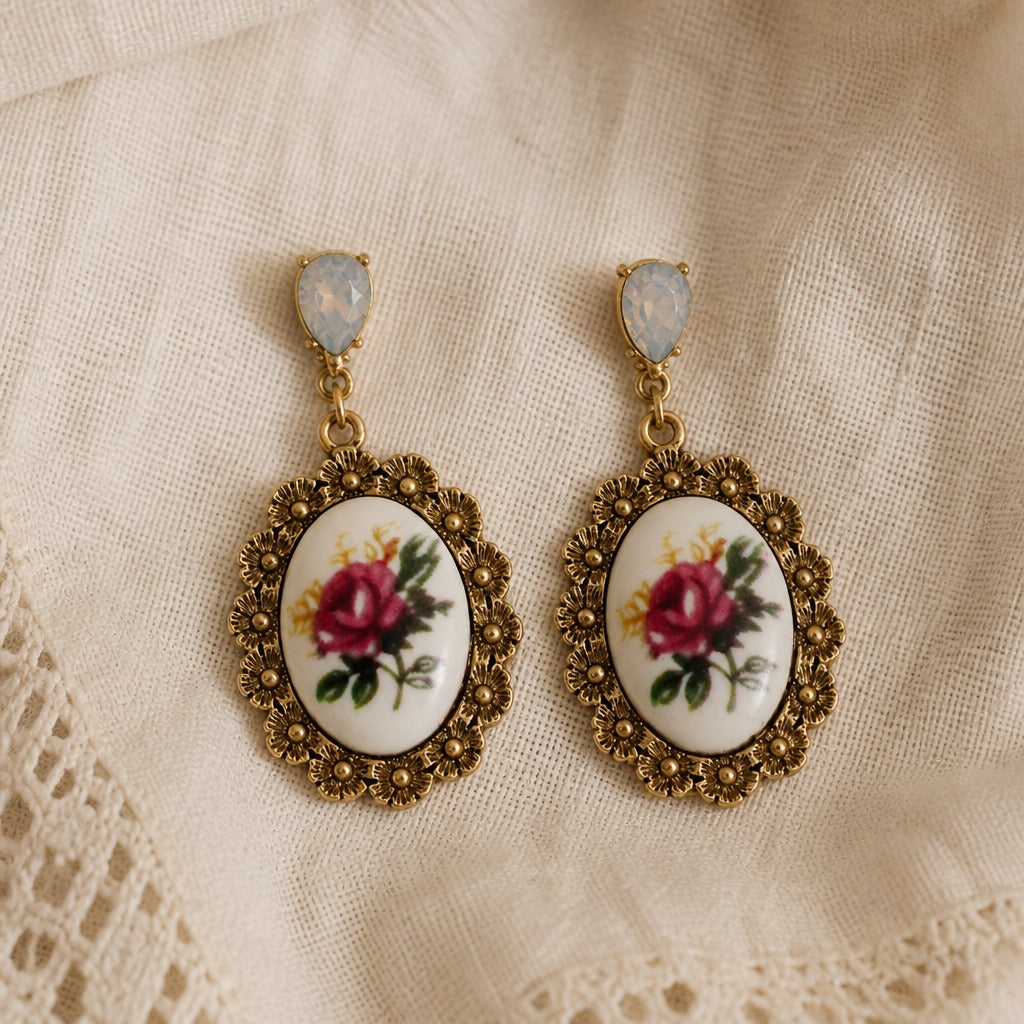 Porcelain Rose Cameo Drop Earrings with Gold-Tone Filigree Frame — view 2
