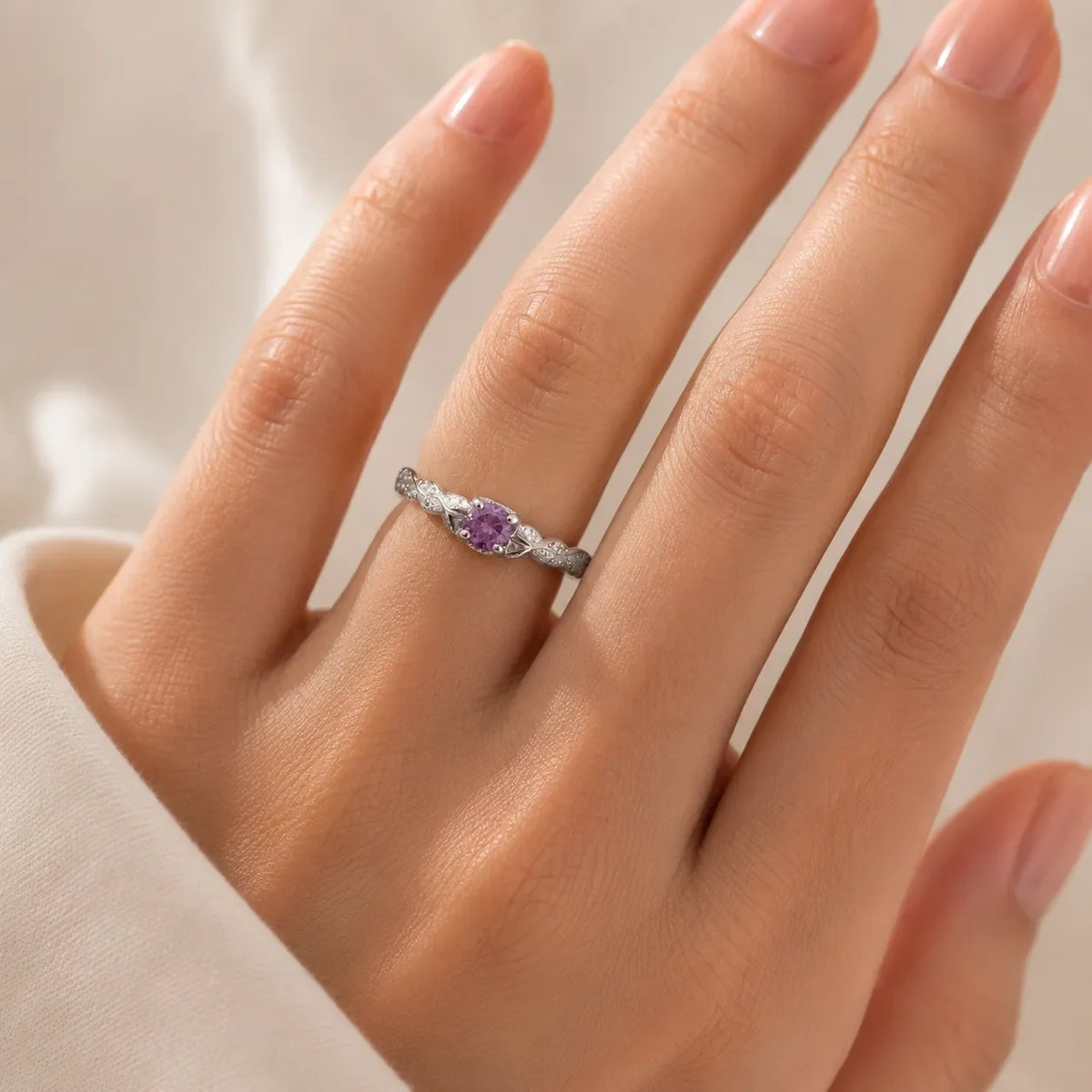 Vintage-Inspired Amethyst Ring with Silver Band and Accent Stones