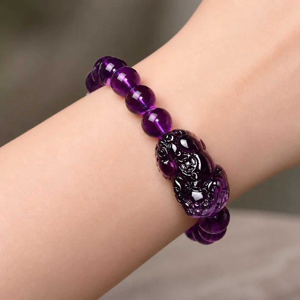 Pixiu Charm Amethyst Bead Bracelet with Carved Detail