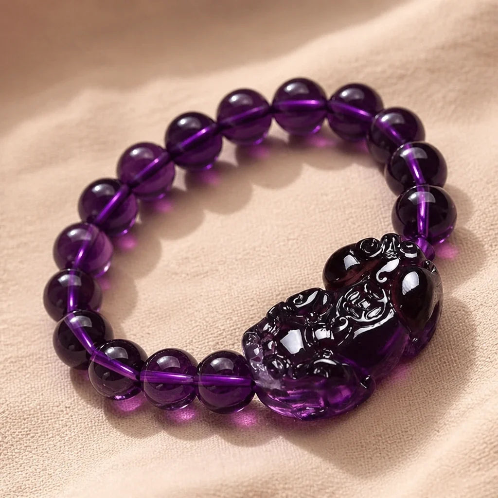 Pixiu Charm Amethyst Bead Bracelet with Carved Detail