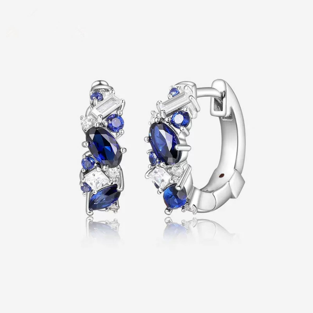 Blue Cubic Zirconia Cluster Hoop Earrings with Baguette Accents — main image