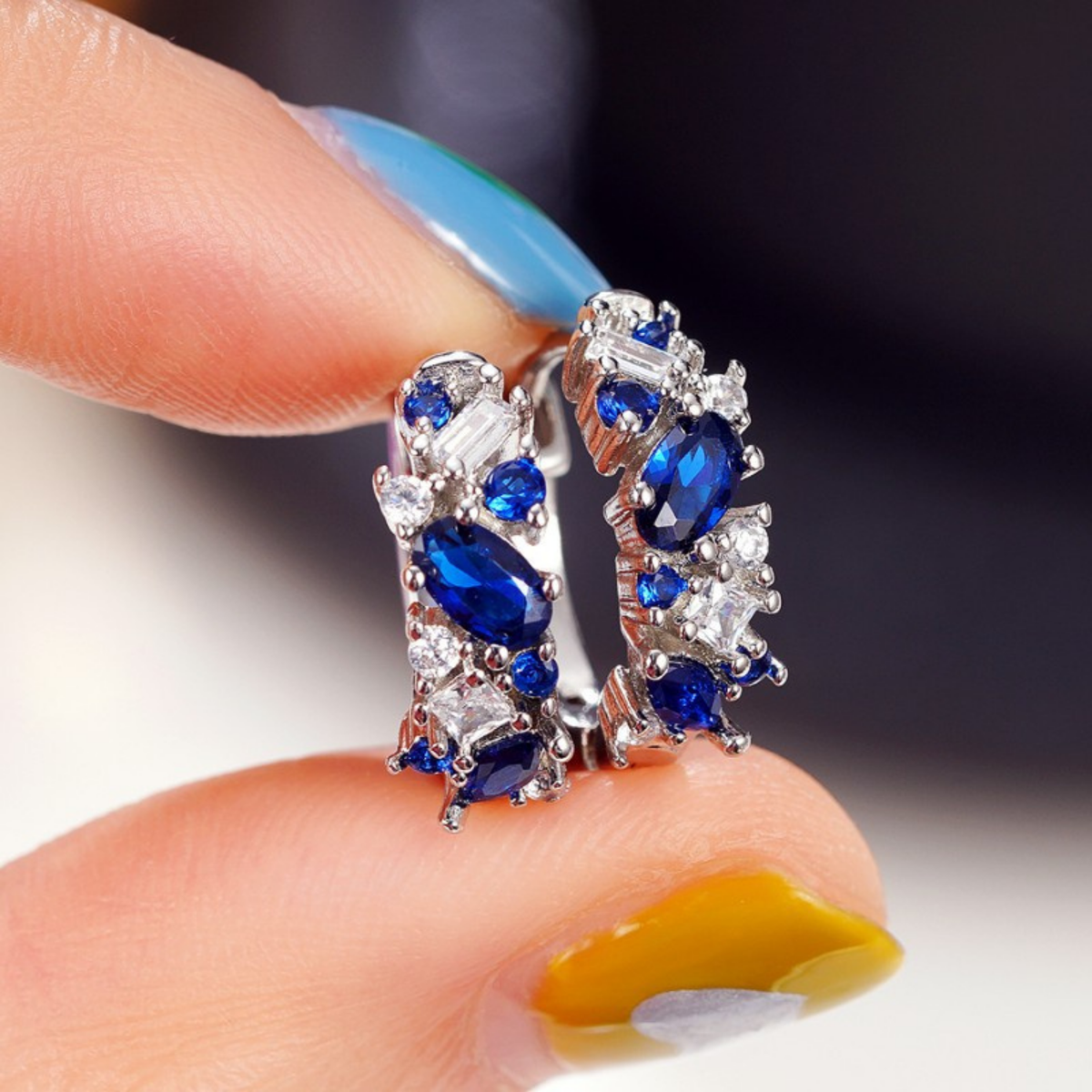 Blue Cubic Zirconia Cluster Hoop Earrings with Baguette Accents — view 3