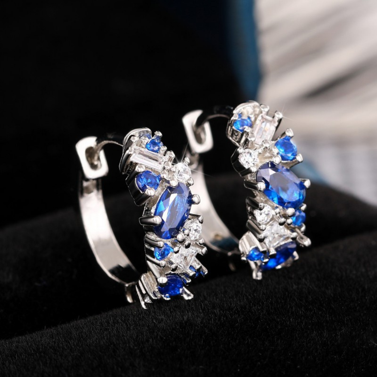 Blue Cubic Zirconia Cluster Hoop Earrings with Baguette Accents — view 2