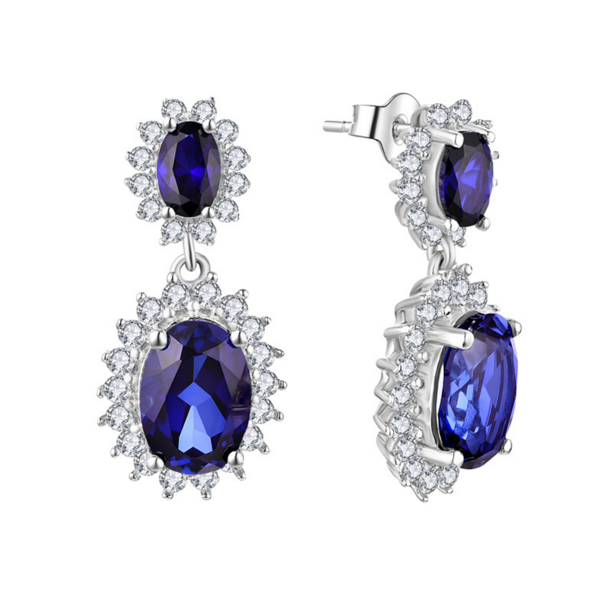 Oval Blue Zircon Drop Earrings with Halo Setting — main image