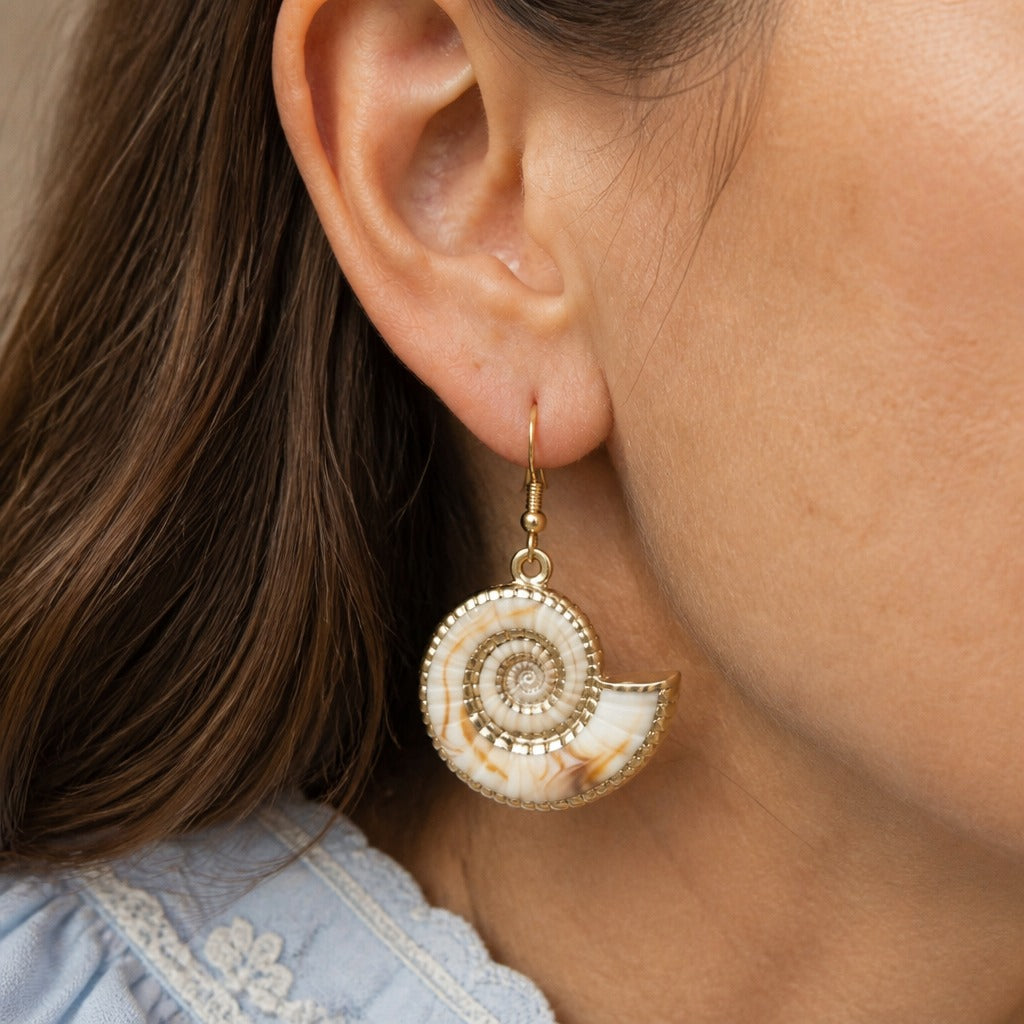 Spiral Shell Drop Earrings with Beaded Gold-Tone Trim — main image