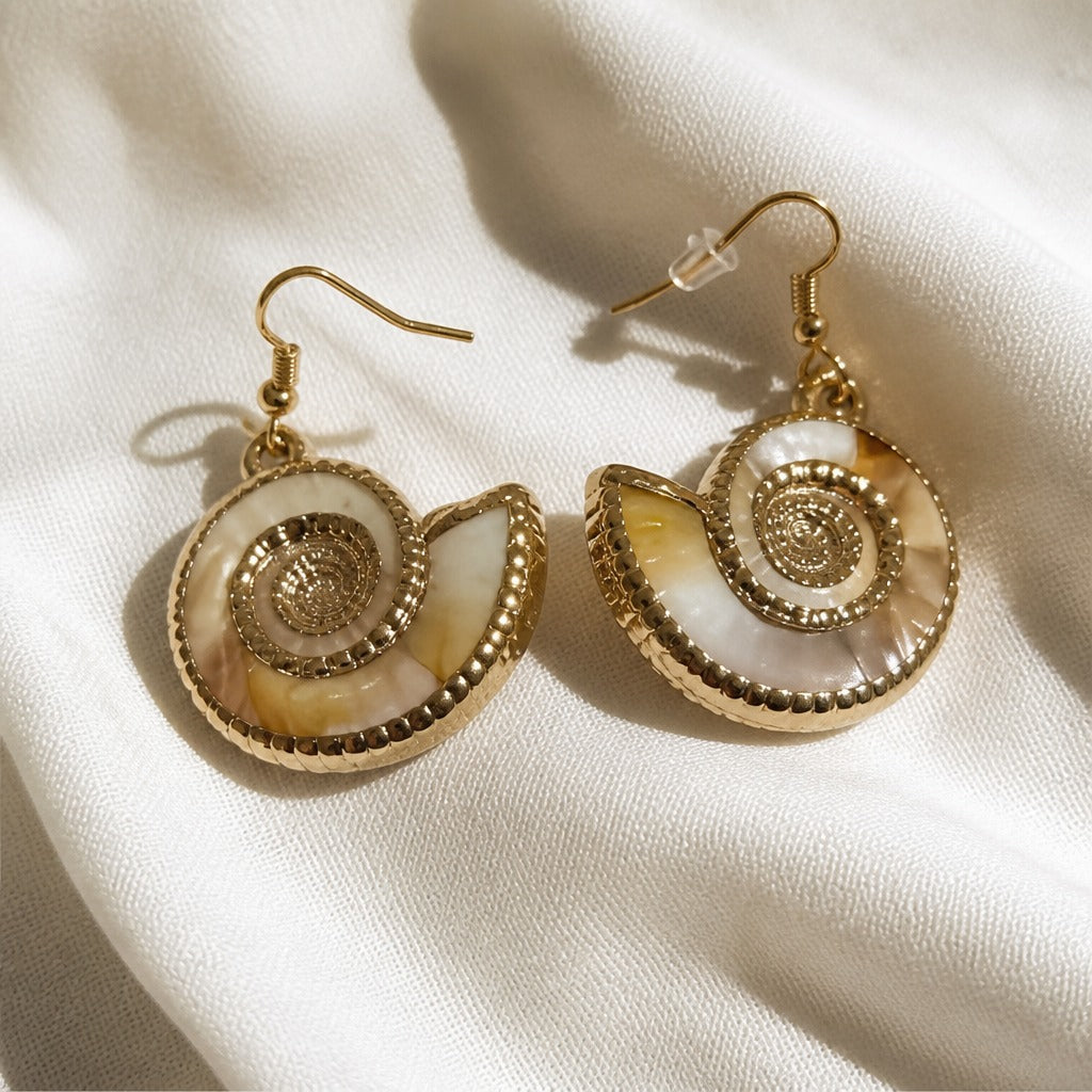 Spiral Shell Drop Earrings with Beaded Gold-Tone Trim — view 2