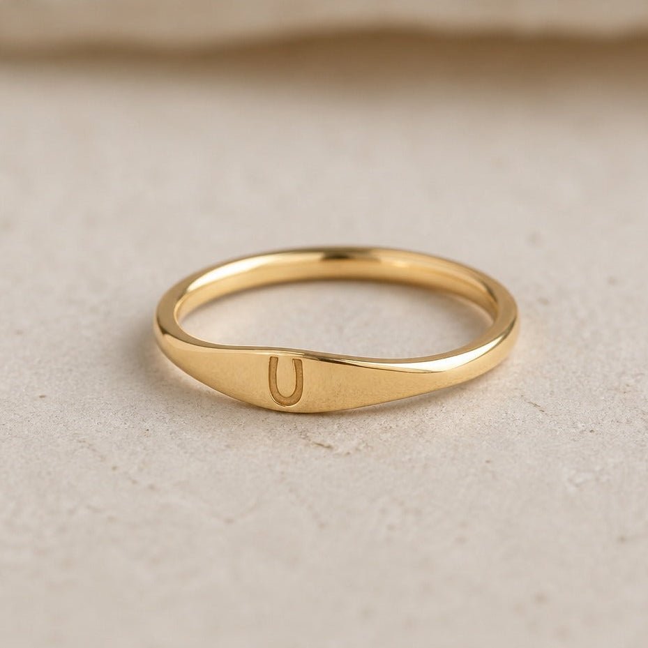 Personalized Initial Letter Signet Ring, Oval Band in Gold Tone — view 21