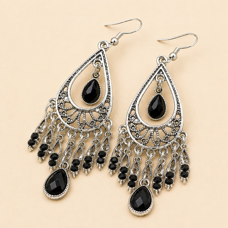 Teardrop Black Stone Chandelier Earrings with Filigree Tassel Fringe — main image