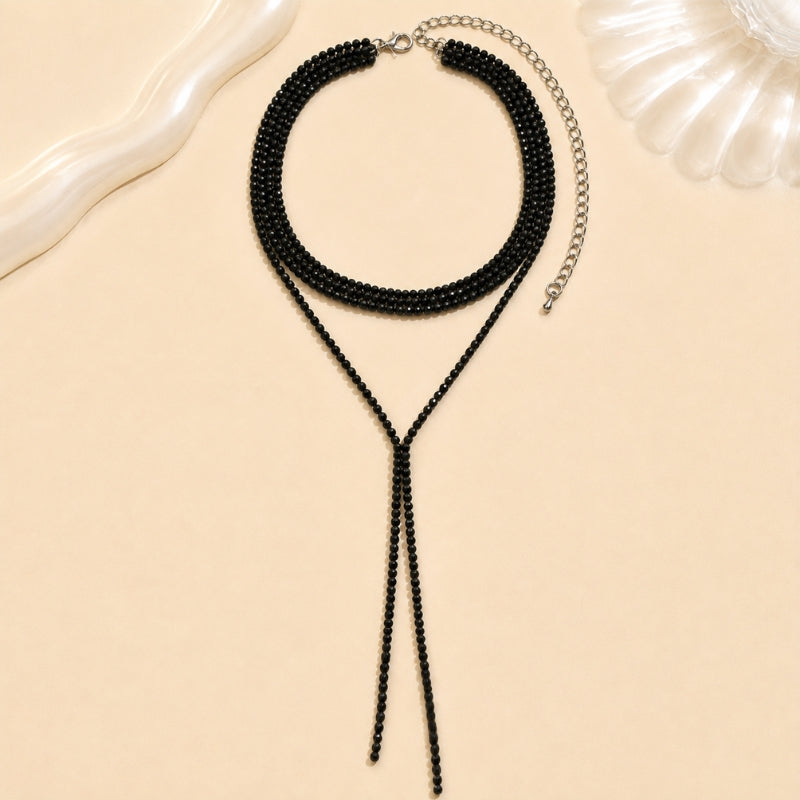 Black Beaded Tassel Necklace with Layered Choker, Adjustable Silver-Tone Chain — view 2