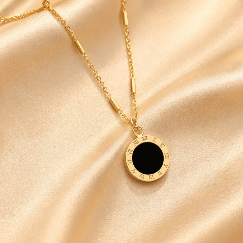 Roman Numeral Black Pendant Necklace with Gold-Tone Bar Chain — view 2