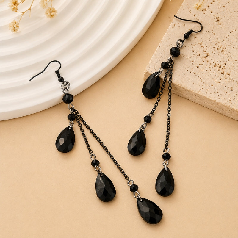 Black Teardrop Crystal Chandelier Dangle Earrings with Graduated Drops — main image