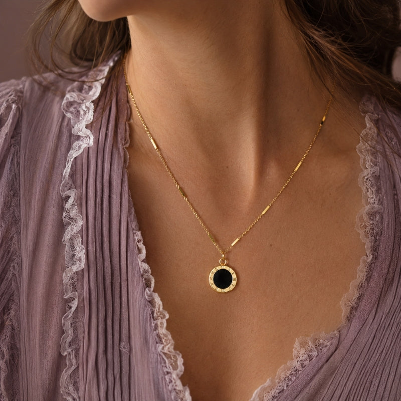 Roman Numeral Black Pendant Necklace with Gold-Tone Bar Chain — main image