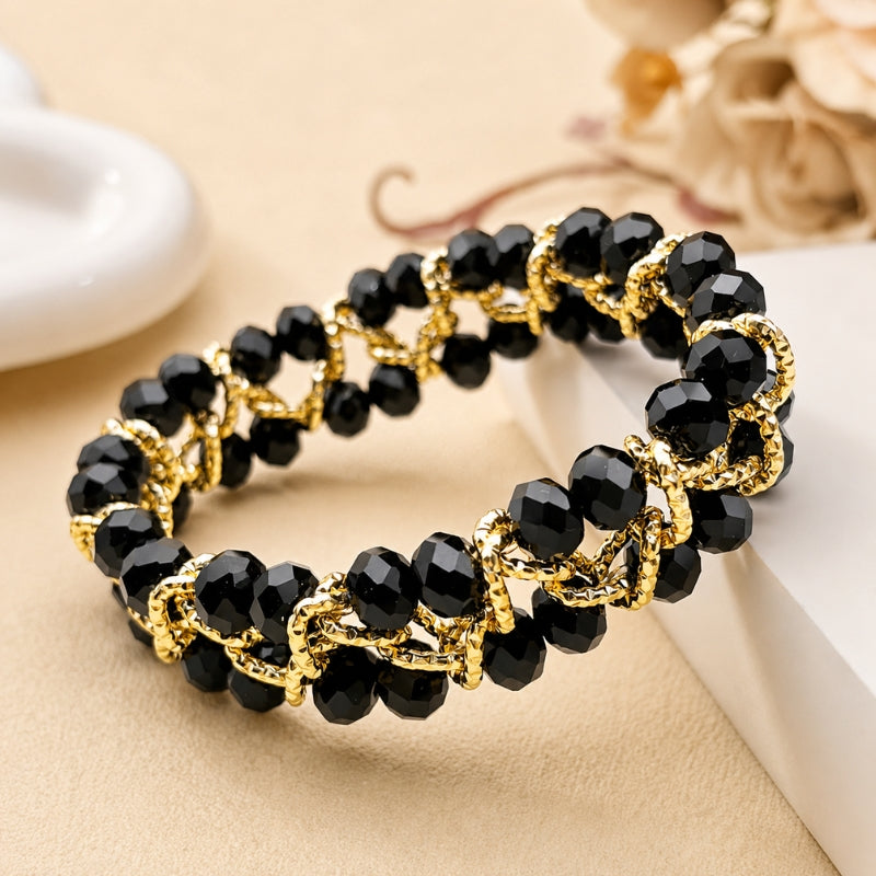 Double-Strand Black Bead Bracelet with Gold-Tone Spacers — main image