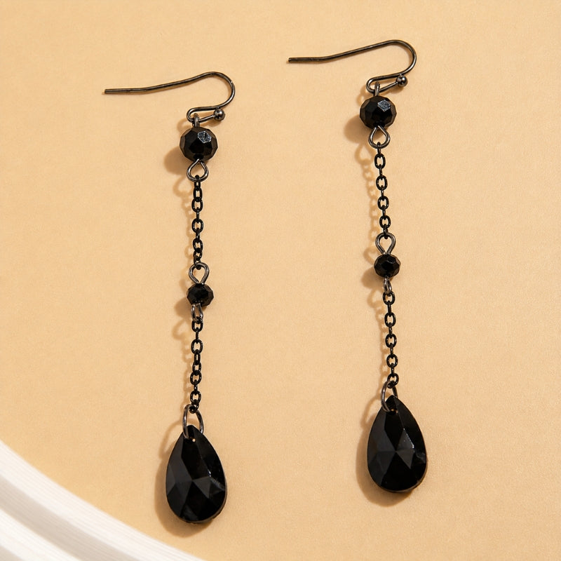 Black Faceted Glass Drop Earrings with Chain-Link Teardrop Pendant, Fish Hook Ear Wires, Gunmetal-Tone Hardware — main image