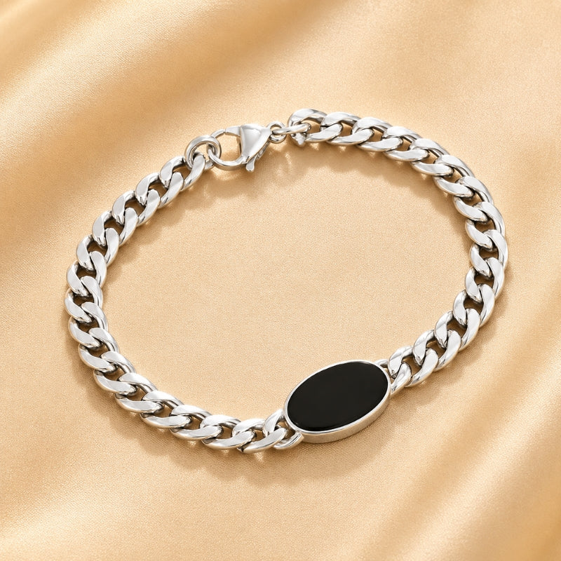Oval Black Onyx Charm Bracelet with Curb Chain — main image