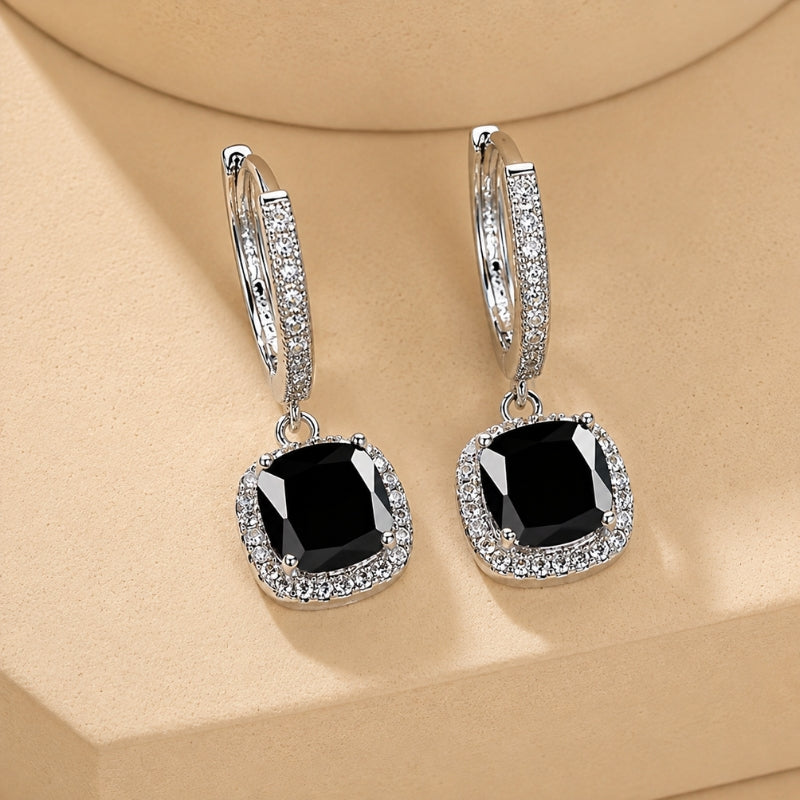 Black Cubic Zirconia Halo Drop Earrings, White Gold Plated, Leverback Closure — main image