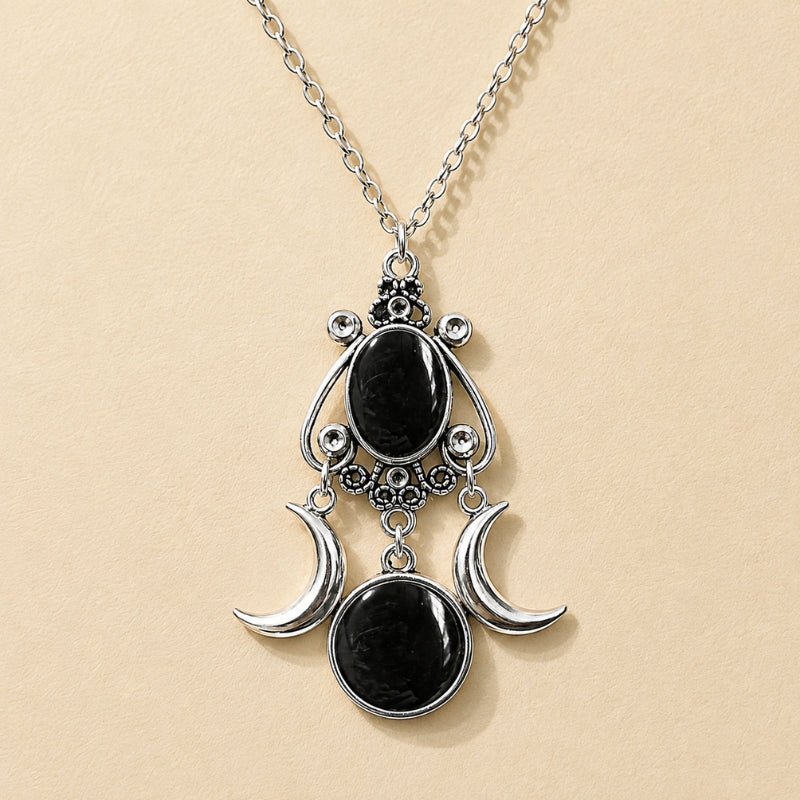 Crescent Moon Pendant Necklace with Bezel-Set Black Stones, Gothic Celestial Filigree, Silver-Tone Zinc Alloy — view 2
