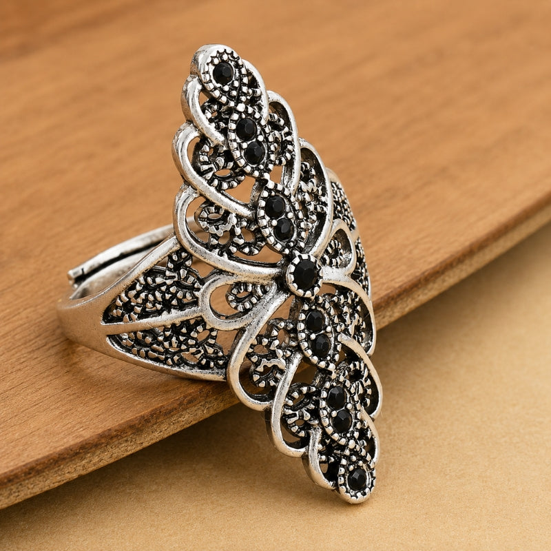 Black Cubic Zirconia Statement Ring - Vintage Floral Design, White Gold Plated, Adjustable — main image