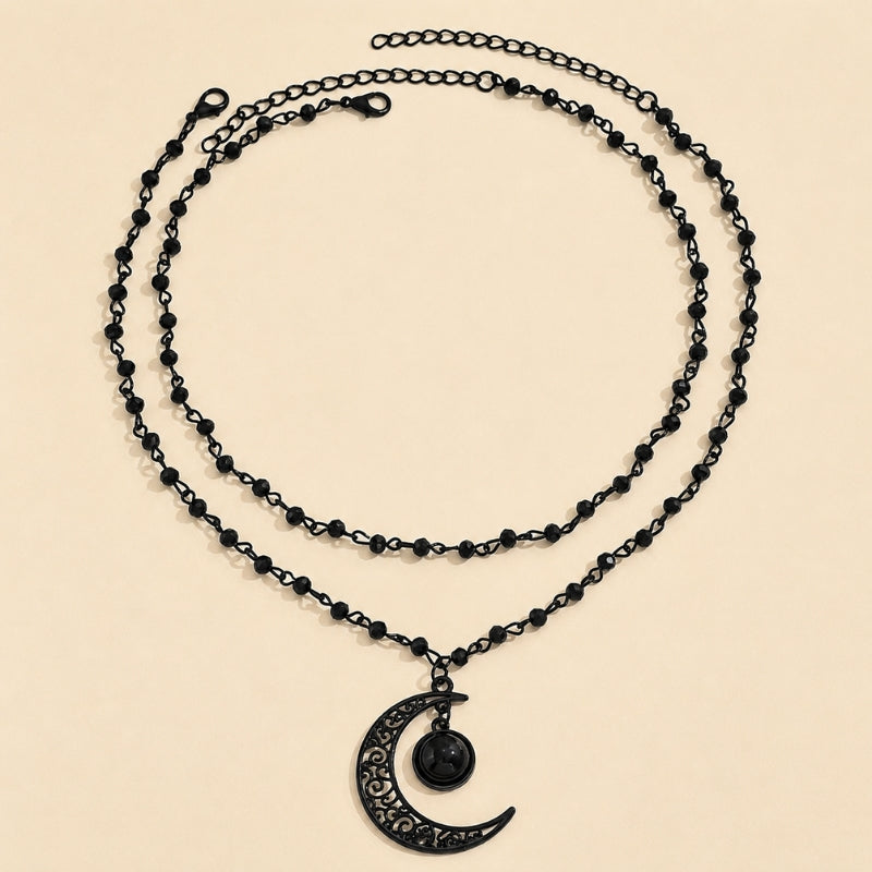 Crescent Moon Filigree Necklace with Black Beaded Double-Layer Chain — view 2