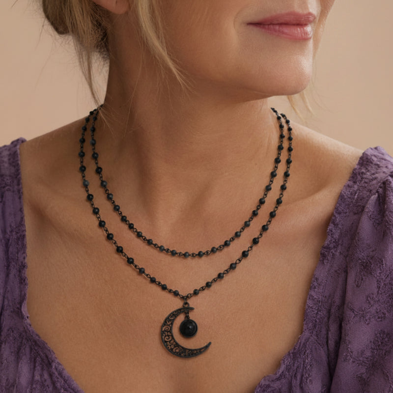 Crescent Moon Filigree Necklace with Black Beaded Double-Layer Chain — main image