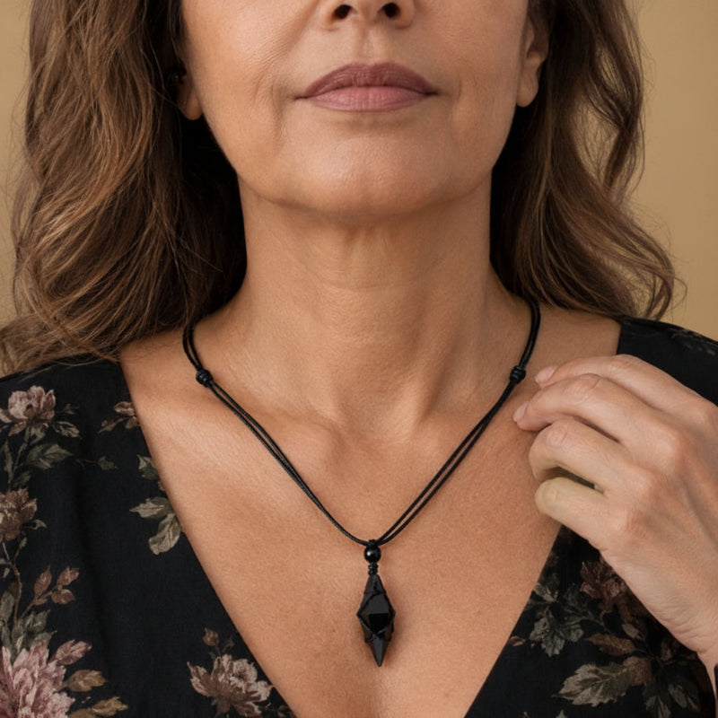 Pointed Black Stone Pendant Necklace with Adjustable Cord Closure — main image