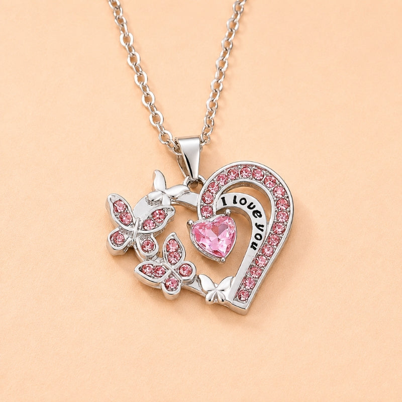 Heart & Butterfly Pink Crystal Pendant Necklace with Engraved I Love You Detail — main image