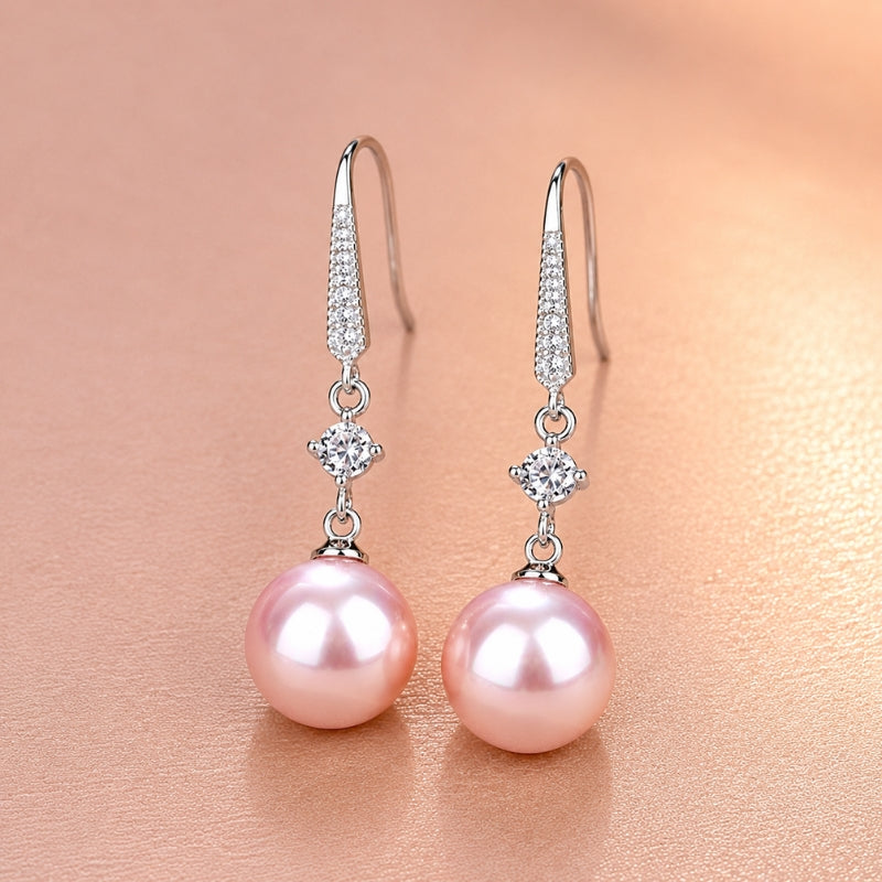 Pink Pearl Drop Earrings with Gold-Tone Cubic Zirconia Accent — main image