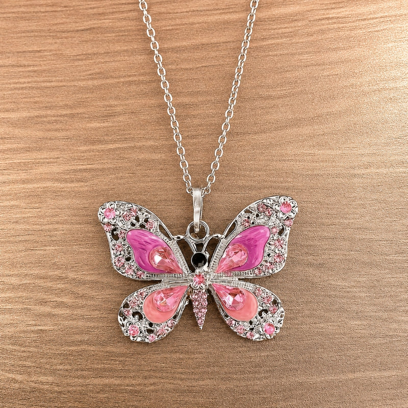 Butterfly Pendant Necklace with Pink Stone Wings and Rhinestone Detail — main image