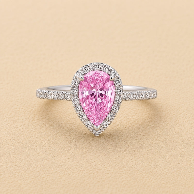 Pear-Shaped Pink Stone Halo Ring with Pavé Band in White Gold Tone — main image