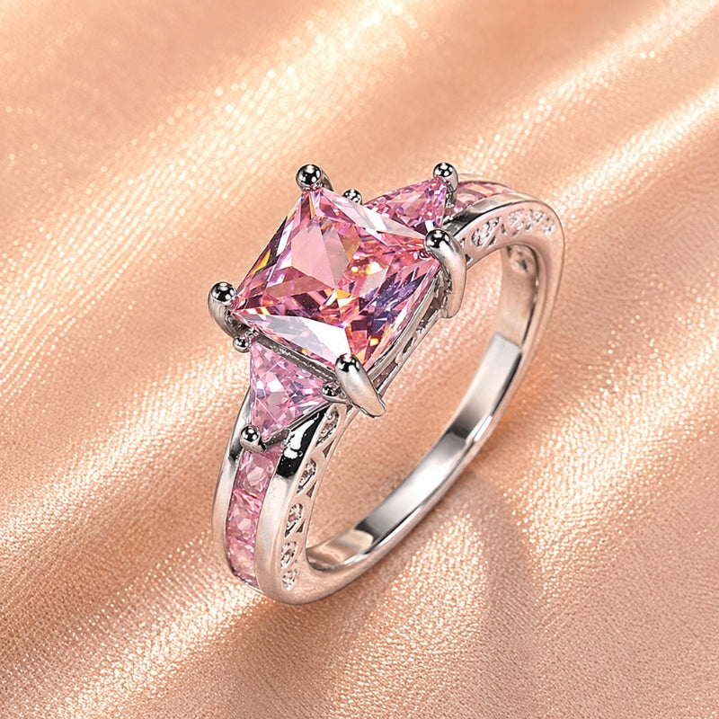 Cushion-Cut Pink Cubic Zirconia Cocktail Ring with Trilliant Side Stones — main image