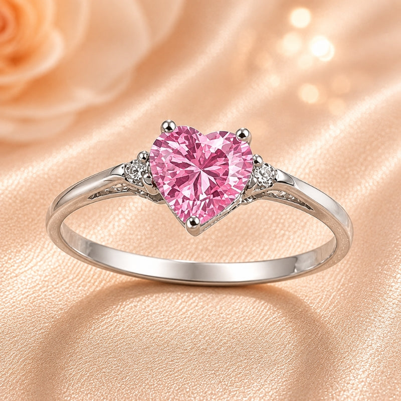 Heart-Shaped Pink Zirconia Solitaire Ring with Accent Stones — main image