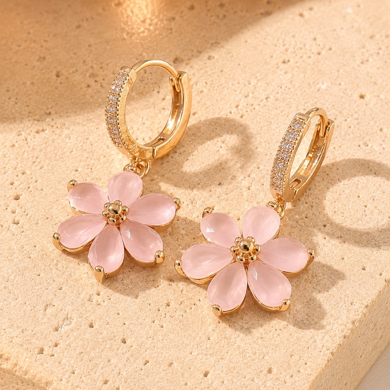 Floral Pink Stone Hoop Drop Earrings with Gold-Tone Cubic Zirconia Pavé — main image