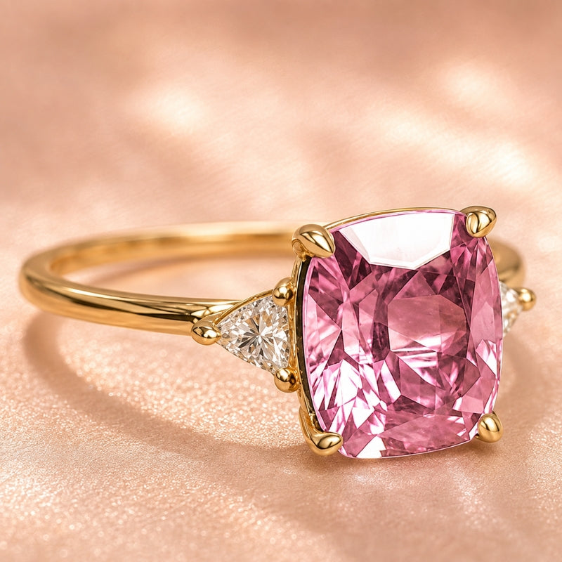 Cushion-Cut Pink Stone Ring with Trillion Accents and Gold-Tone Band — main image