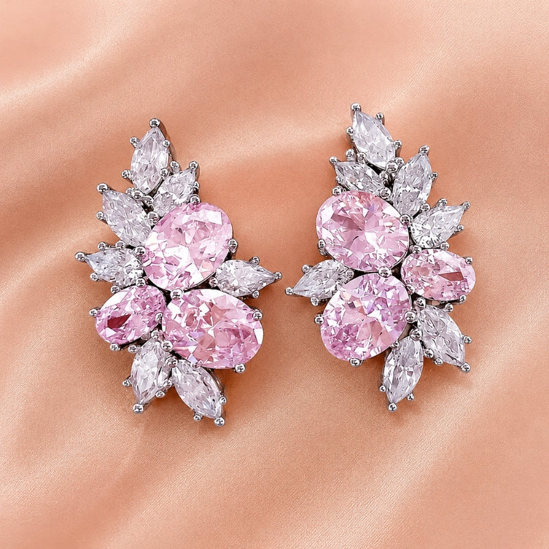 Pink Floral Cluster Stud Earrings with Marquise and Round Stones — main image